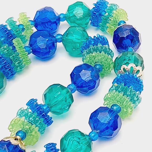 Vintage Hong Kong Early Plastic Two Strand Beaded Necklace, Green Blue Beads - Picture 8 of 10
